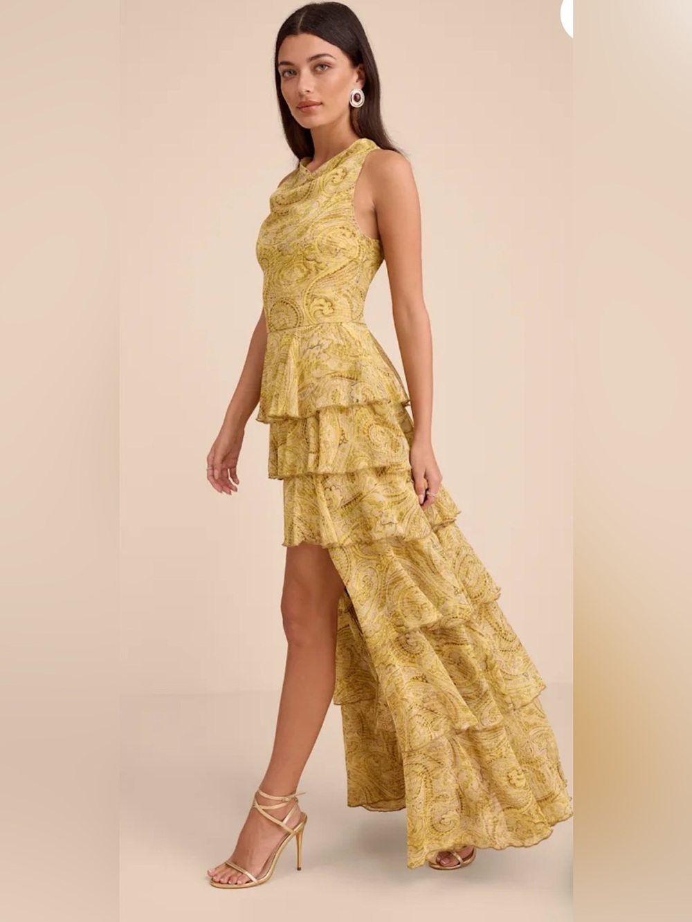 Lulus Cayson Yellow Paisley Tiered High-Low Maxi Dress